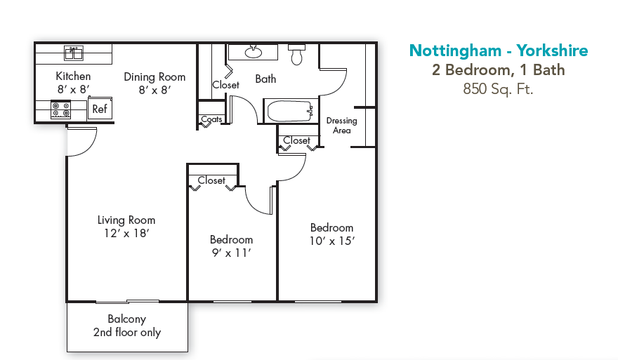 Floor plan for 2 beds, 1 bath, 850 sqft